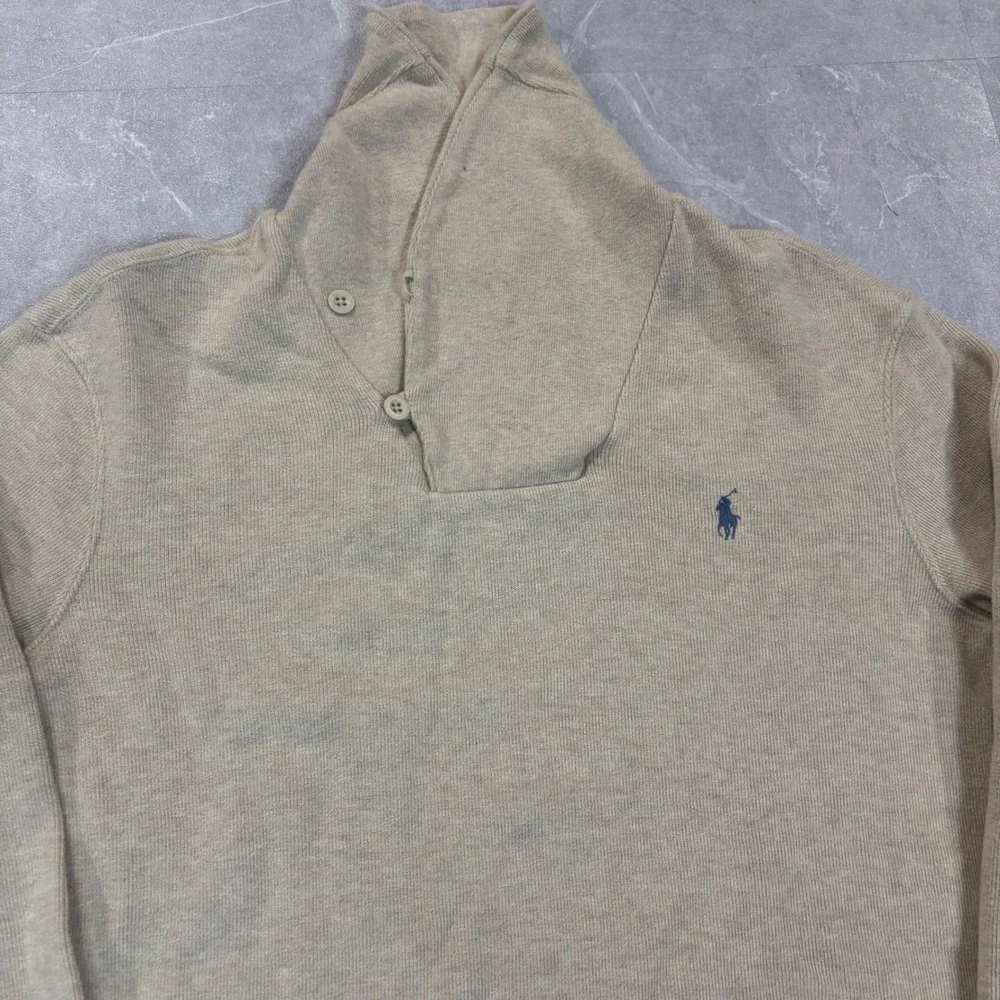 Polo Ralph Lauren Mens Tan Beige Shawl Collar Cotton Knit Sweater Large L
